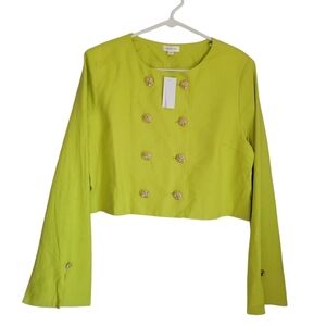 Gemma + Jane Linen Blend Chartreuse Cropped Jacket Top Gold Button Detail M NWT